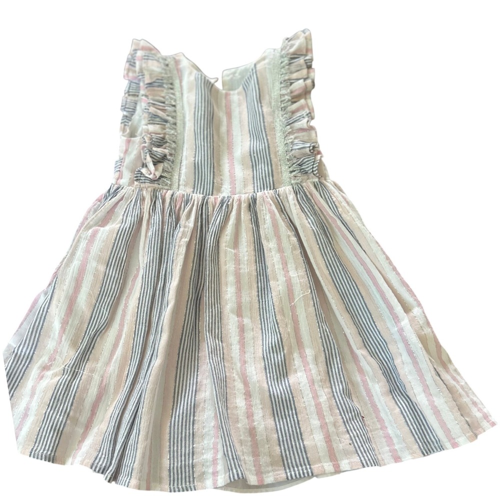Girls Pink Grey Striped Ruffle Sleeveless Party Dress with Back Tie Sash